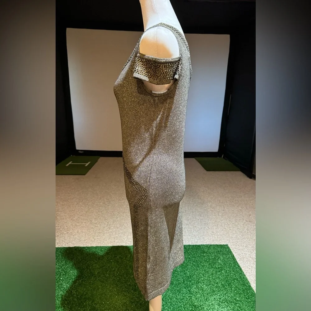 NWT Bebe One Shoulder Metallic Gold Cocktail Boutique Dress Size Large - Picture 4 of 11